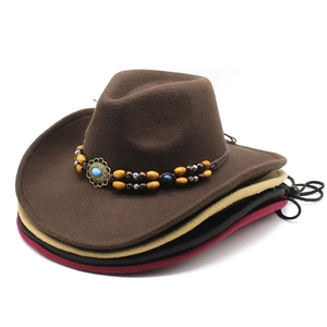 Western Cowboy Hat Wool Felt Wide Brim Ethnic Beaded Band With Faux Turquoise Retro Style Adjustable Wind Cord For Unisex