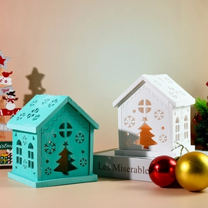 Christmas wooden house night light with hollow snowflake and tree patterns, 2-piece set