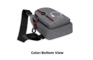 Detailed side view of grey fabric chest bag showing texture and cartoon print
