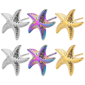 Detailed macro shot of 304 stainless steel starfish stud earrings in gold, silver, and rainbow