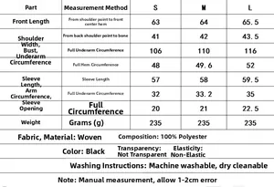 Detailed size chart for beaded embroidery shirt and pants set with measurements