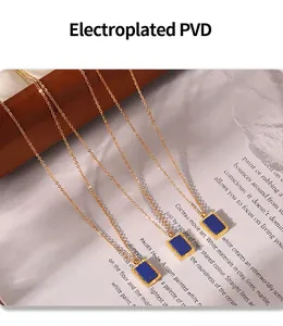 Detail of PVD electroplated gold necklace with rectangular blue lapis lazuli pendant