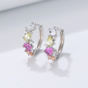 S925 sterling silver hoop earrings with four multi-colored gradient cubic zirconia stones