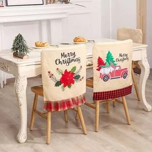 Christmas burlap chair covers set with red floral and truck patterns for festive dining decor