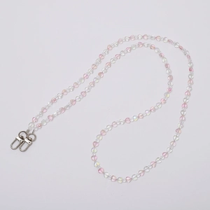 Detailed view of iridescent pink heart-shaped beaded lanyard with dual lobster clasps