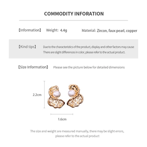 Detailed size and material specification sheet for 18K gold plated pearl flower earrings