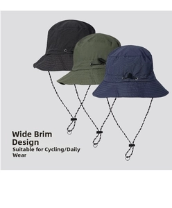 Three waterproof outdoor sun hats in black, olive, and navy with adjustable drawstrings