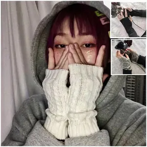 Guantes largos de punto sin dedos para mujer en blanco, gris y negro con patrón trenzado