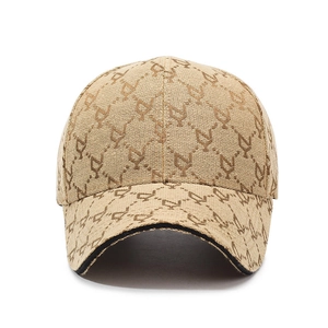 Khaki baseball cap with brown monogram jacquard pattern for outdoor sun protection