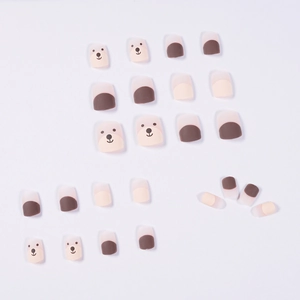 Chocolate brown bear short matte press-on nails set with cute cartoon pattern design
