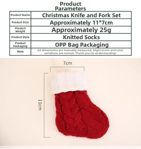 Detailed view of red knitted Christmas sock cutlery holder with 11x7cm size dimensions