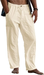 Detail of men's linen yoga pants showing the elastic waist with adjustable drawstring