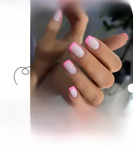 Short pink French press-on nails set with almond base and bright rose pink tips