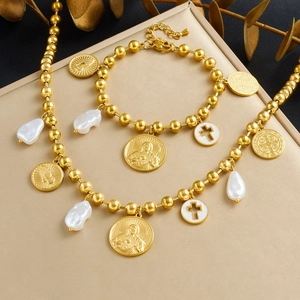 Gold Plated Stainless Steel Necklace And Bracelet Jewelry With Artificial Baroque Pearl Cross Religious Medallion Relief Retro Women