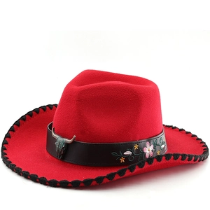 Western Cowboy Hat Retro Felt Wide Brim With Metal Bull Head Floral Embroidery For Outdoor Travel Ethnic Style