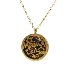 Gold stainless steel hollow round Mama necklace set with colorful crystals and studs