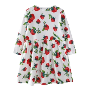 Long-sleeved white cotton girl's dress with red strawberry prints and pleated waist