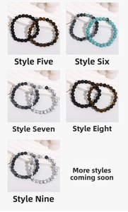 Detail view showing assorted natural stone beaded bracelets including turquoise and tiger eye