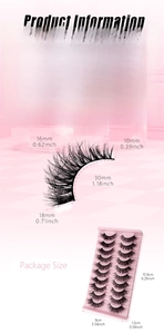 Detailed infographic showing 7 pairs of D-curl fluffy synthetic false eyelashes and dimensions