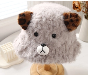 Detailed texture of gray faux fur bucket hat with cute 3D leopard print animal ears