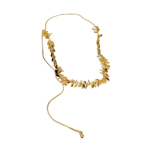 Elegant gold leaf pendant necklace with sleek snake chain and wheat tassel detail