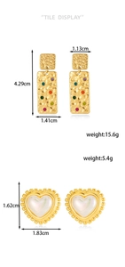Detailed size chart for gold rectangle gemstone earrings and heart mother-of-pearl studs