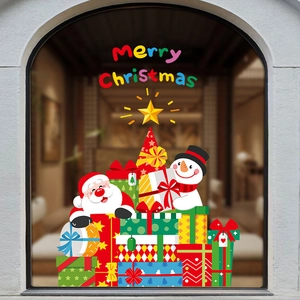 Macro view of Christmas window stickers featuring Santa Claus and snowman on arched glass