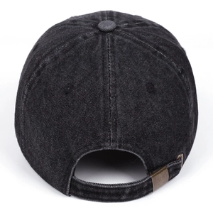 Classic black washed denim baseball cap with adjustable metal buckle and vintage texture