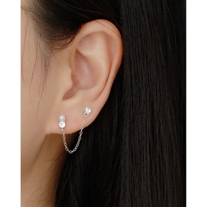Detail of silver S925 chain earring with pearl and cubic zirconia on model's ear