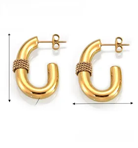 Detail view of gold-plated U-shaped twist earrings with dimensions and weight specs