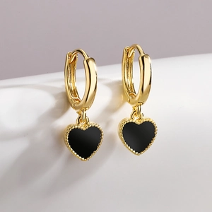 French Style Elegant Mini Black Heart Pendant Hoop Earrings Gold Plated Copper Jewelry For Women