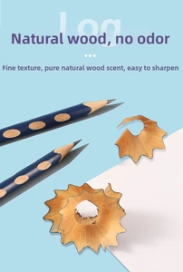 Close-up of a blue triangular ergonomic pencil showing easy-to-sharpen natural wood texture