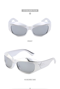 Macro detail of Y2K silver steampunk sunglasses with parallel stripe design on temples