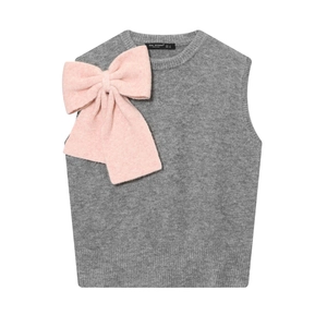 Gilet In Maglia Top Fiocco Rosa Sorprendente Girocollo Senza Maniche Elegante Chic Abbigliamento Donna Grigio