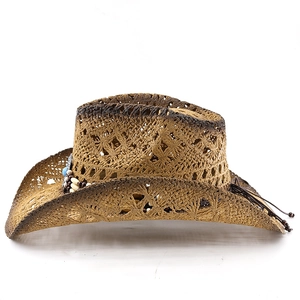 Detailed straw cowboy hat with ventilated weave, turquoise beads and gradient brown finish
