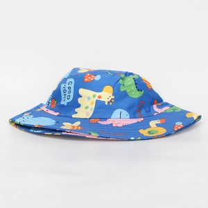 Kids blue bucket hat with colorful cartoon dinosaur and animal prints for sun protection