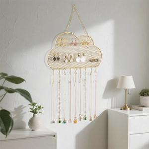 Cloud Shaped Jewelry Display Rack Wall Mounted Iron Metal Mesh Earring Necklace Organizer Golden Nordic Style Holder