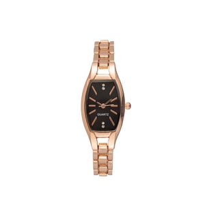 Elegant rose gold tonneau quartz watch with black dial and crystal hour markers