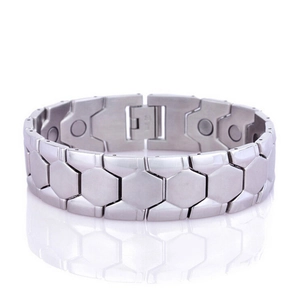 Sleek stainless steel magnetic bracelet with hexagonal links and a polished silver finish