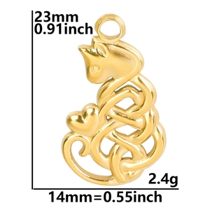 Gold stainless steel cat pendant with heart detail including size dimensions and weight
