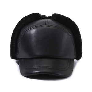 Men's winter faux leather trapper hat with warm ear flaps and thick plush lining in black