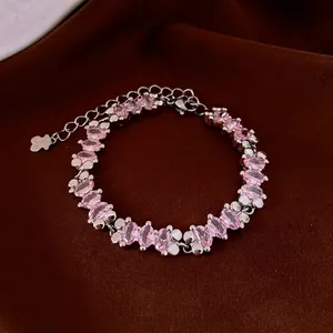 Elegant French style silver bracelet with pink oval zircon gemstones and lobster clasp