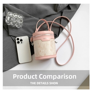 Detail of pink cylindrical bucket bag with white lace texture and gold metal logo