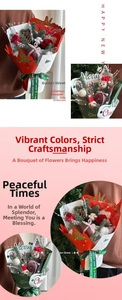 Christmas bouquet gift wrap featuring red roses, pine cones, and Merry Christmas ribbons