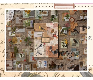 Macro shot of vintage style PET stickers set with artistic nature and bird motifs
