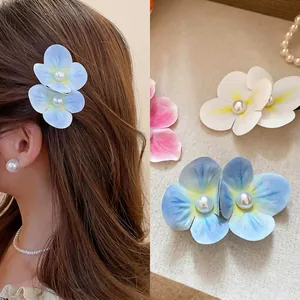 Floral Hair Clip With Imitation Artificial Pearl Elegant Flower Duckbill Clip For Women Summer Holiday Sweet Hair Accessory