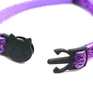 Purple glitter pet collar with black cat-shaped safety buckle for cats and small dogs