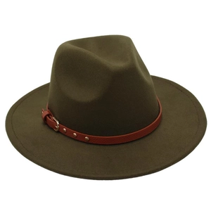Close-up of military green wool fedora hat featuring a brown leather belt with metal buckle