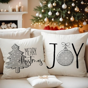 Close-up of linen Christmas pillow cover with snowflake tree print in festive setting
