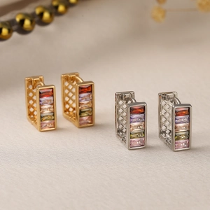 Geometric Rectangular Huggie Hoop Earrings Copper Gold Plated With Colorful Cubic Zirconia Vintage Luxury For Women
